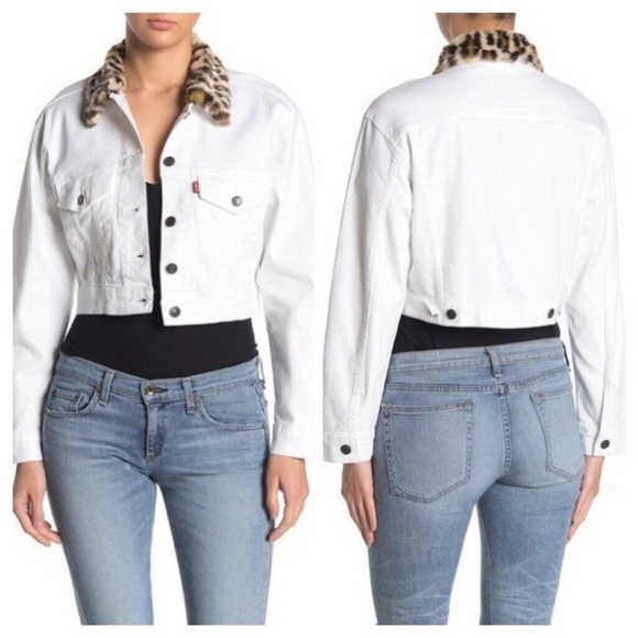 Levi's Cropped Denim Trucker Jacket With Leopard Fur Collar - Picture 1 of 10